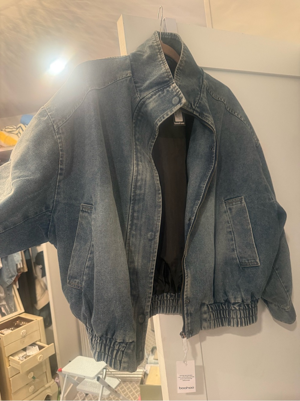 Boohoo Women’s Faded Blue Oversized Denim Bomber Jacket NWT